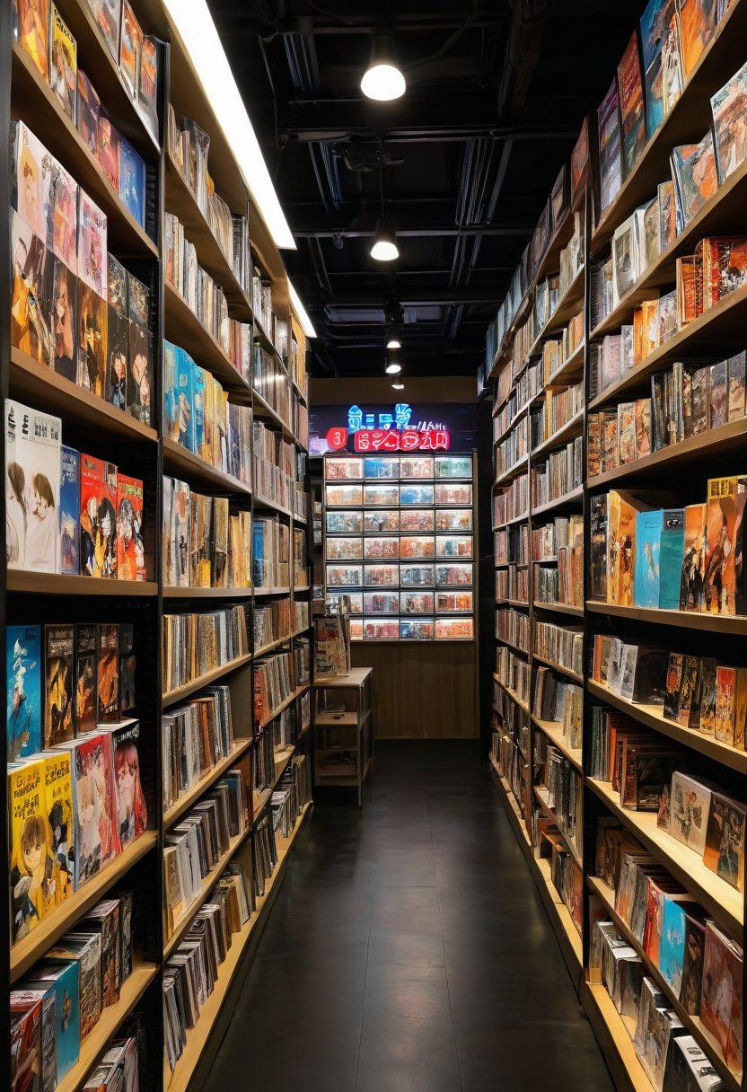 A captivating scene depicting a vibrant anime-style comic shop, filled with shelves of colorful hentai manga boxes. In the foreground, an intricately designed anime character is browsing, surrounded by posters of iconic adult anime art. Dim ambient lighting enhances the inviting atmosphere, with neon accents highlighting the dynamic art. Include small groups of diverse fans engaging in discussions about their favorite series. vibrant colors. anime style. cinematic lighting.
